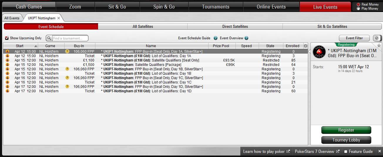 PokerStars Lobby UKIPT Nottingham Main Event Tournament Qualifiers